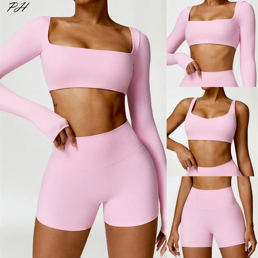 Nude Yoga Clothing Sets Women Long Sleeve Crop Tops Tight Shorts Suit